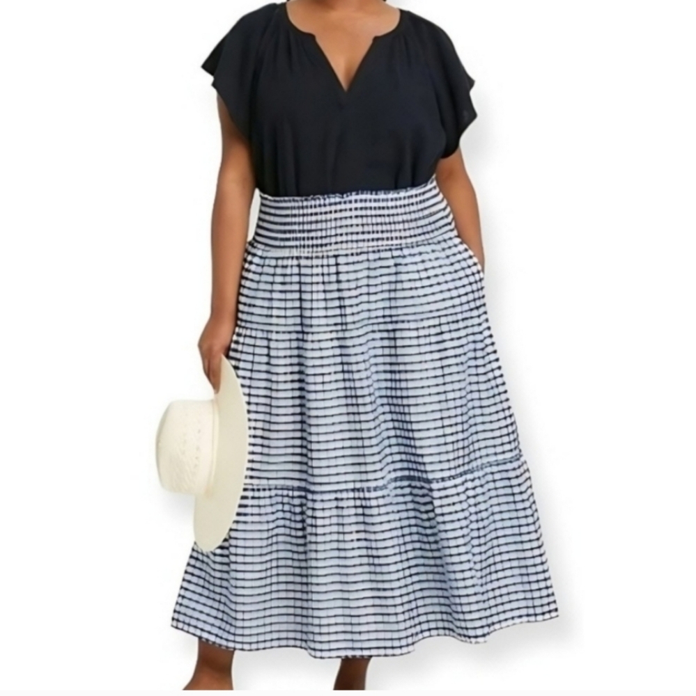 Universal Thread Women Blue and White Gingham Tiered Midi Skirt Plus Size 4X NWT